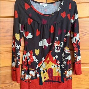 Aryeh Black Red Yellow Heart & Cottage Graphic Long Sleeve Tee